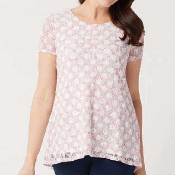 Susan Graver Printed Stretch Lace Peplum Back - Picture 1 of 3